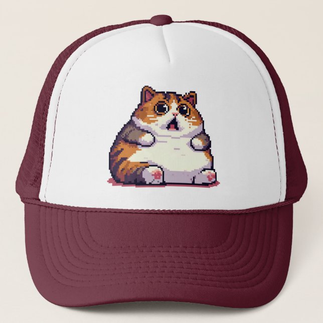 Shocked orange fat cat meme pixel art trucker hat (Front)