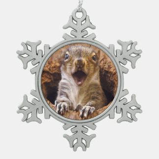 Shocked Squirrel Snowflake Pewter Christmas Ornament