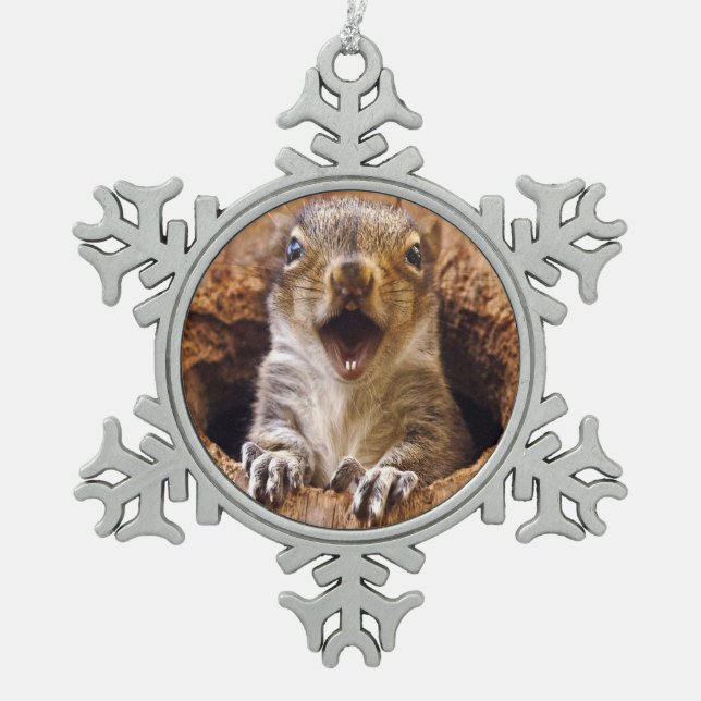 Shocked Squirrel Snowflake Pewter Christmas Ornament (Front)