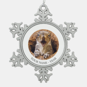Shocked Squirrel Snowflake Pewter Christmas Ornament