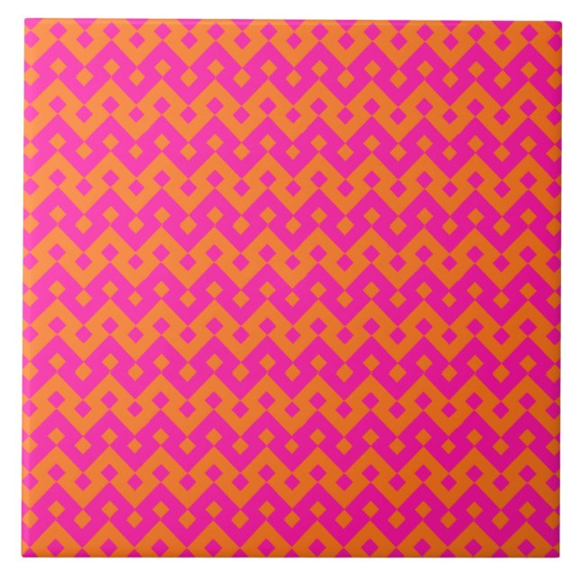 Shocking Pink and Orange Islamic Geometric Pattern Ceramic Tile (Front)