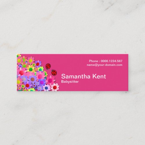 Shocking Pink Cute Ladybug Colorful Flowers Mini Business Card