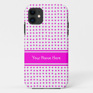 Shocking Pink Polka Dots on White Background iPhone 11 Case