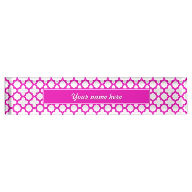 Shocking Pink Quatrefoil Pattern Name Plate (Front)