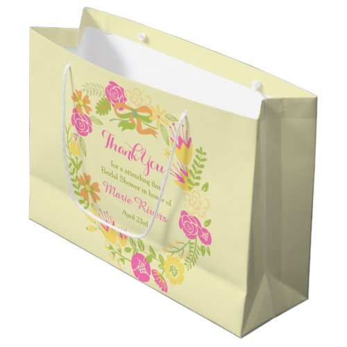 Shocking Pink  Yellow Floral Wreath Bridal Shower Large Gift Bag