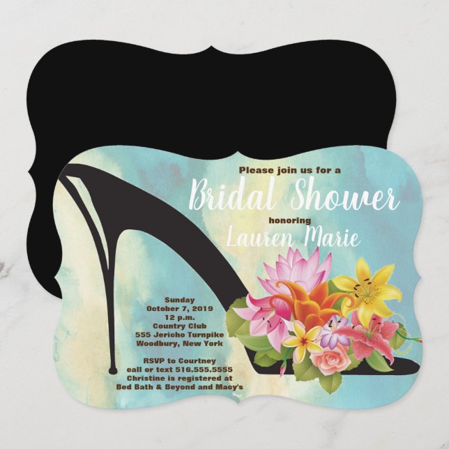 Shoe heel Floral Teal Watercolor Bridal Shower Invitation (Front/Back)