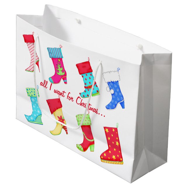 Shoe Lover All I Want for Christmas Boot Stockings Large Gift Bag (Front Angled)