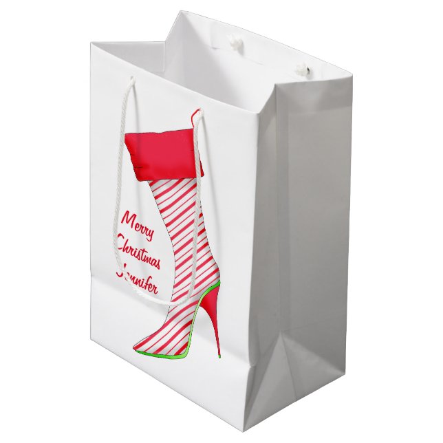 Shoe Lover Name Personalized Christmas Stocking Medium Gift Bag (Front Angled)