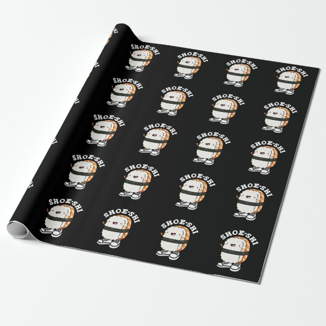Shoe-shi Funny Sushi Pun Dark BG Wrapping Paper (Unrolled)