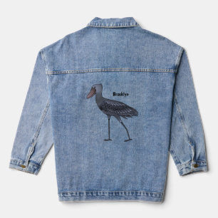 Shoebill bird cartoon illustration denim jacket