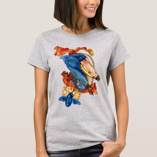 Shoebill dragonfly and flowers T_Shirt