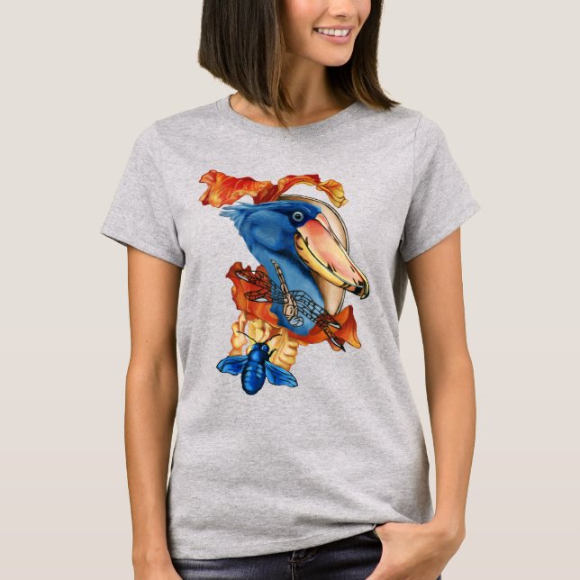 Shoebill, dragonfly, and flowers T-Shirt (Front)