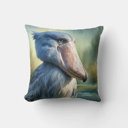 Shoebill in the Wetlands 2 _ Watercolor Throw Pillow