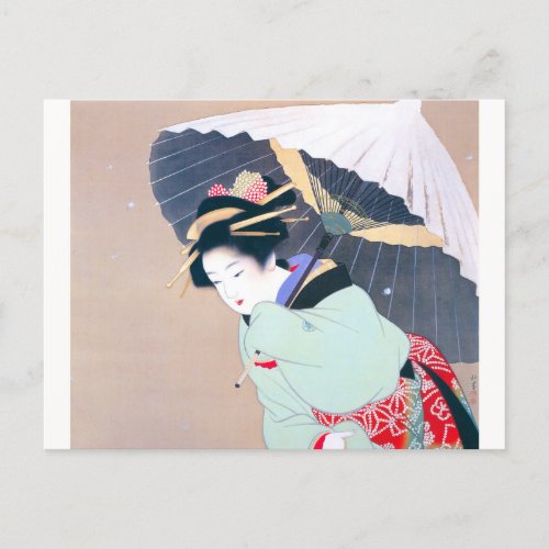 Shoen Uemura 上村松園 冬 雪 傘 着物 女性 舞妓 芸者 日本画 美人画 浮世絵 緑 Postcard