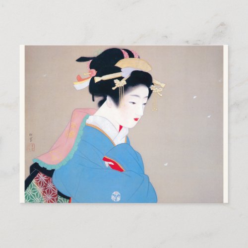 Shoen Uemura 上村松園 着物 女性 冬 雪 舞妓 芸者 日本画 美人画 浮世絵 青 Postcard