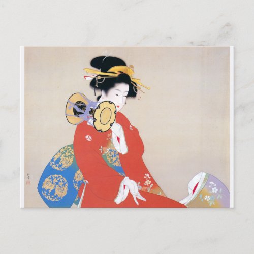 Shoen Uemura 上村松園 着物 女性 太鼓 楽器演奏 芸者 日本画 美人画 浮世絵 赤 青 Postcard