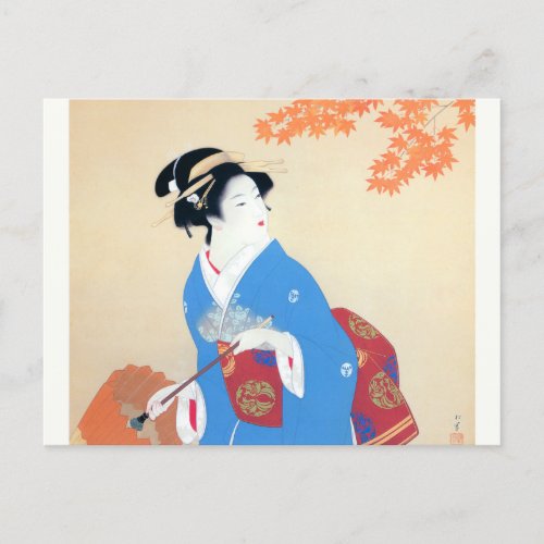 Shoen Uemura 上村松園 秋 紅葉 着物 女性 芸者 日本画 美人画 浮世絵 オレンジ 青 Postcard