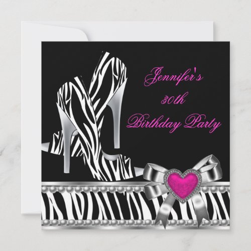 Shoes Pink 30th Birthday Party Zebra Black Personalized Invite