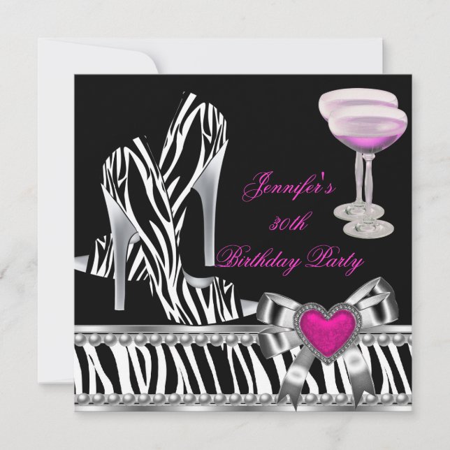Shoes Pink 30th Birthday Party Zebra Champagne Invitation (Front)