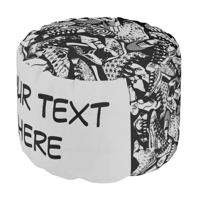 SHOES SHOES SHOES - black + your text & backgr. Pouf (Angled Front)