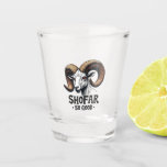 Shofar so good Jewish Goat Hanukkah Lovers  Shot Glass<br><div class="desc">Hanukkah humor,  shofar,  Jewish holiday,  goat graphic,  Hanukkah 2024,  festive Judaism,  shofar pun,  holiday goat,  Jewish traditions,  Hanukkah celebration,  shofar design,  holiday humor,  Jewish fun</div>