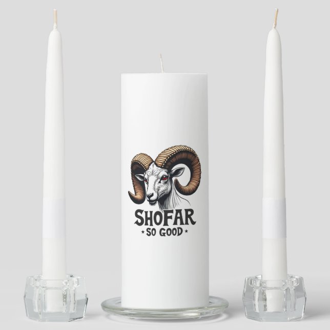 Shofar So Good Jewish Ram Hanukkah  Unity Candle Set (Front)