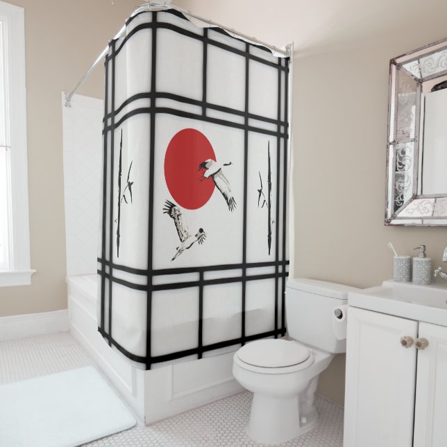Shoji - Bamboo and Crane Shower Curtain (In Situ)