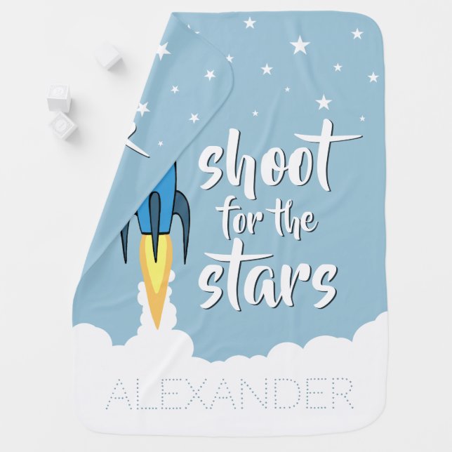 Shoot for the Stars Personalized Blue Rocket Ship Stroller Blanket (In Situ)