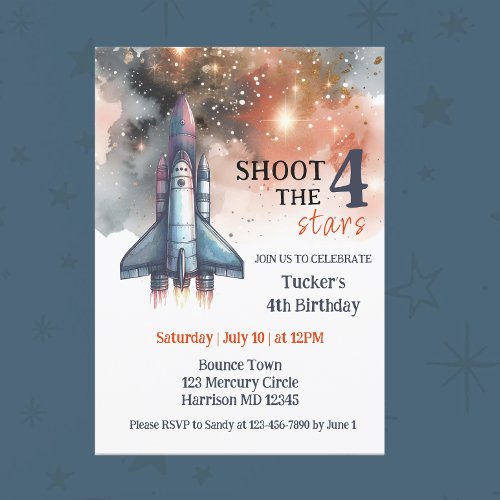 Shoot Four The Stars Astronaut Fourth Birthday Invitation