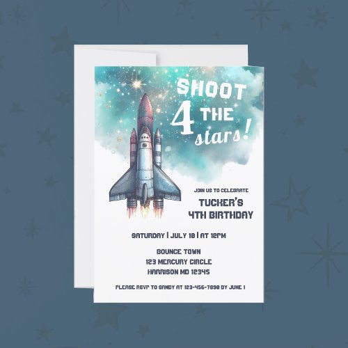 Shoot Four The Stars Boys Space Fourth Birthday Invitation