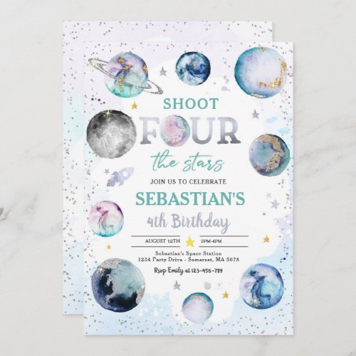 Shoot Four The Stars Space 4th Birthday Party Invitation