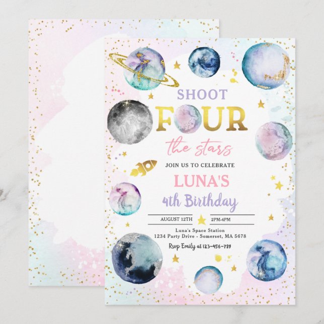 Shoot Four The Stars Space 4th Birthday Party Invitation (Front/Back)