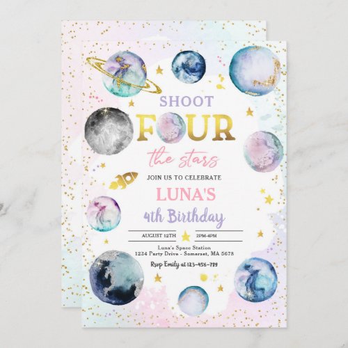 Shoot Four The Stars Space 4th Birthday Party Invitation