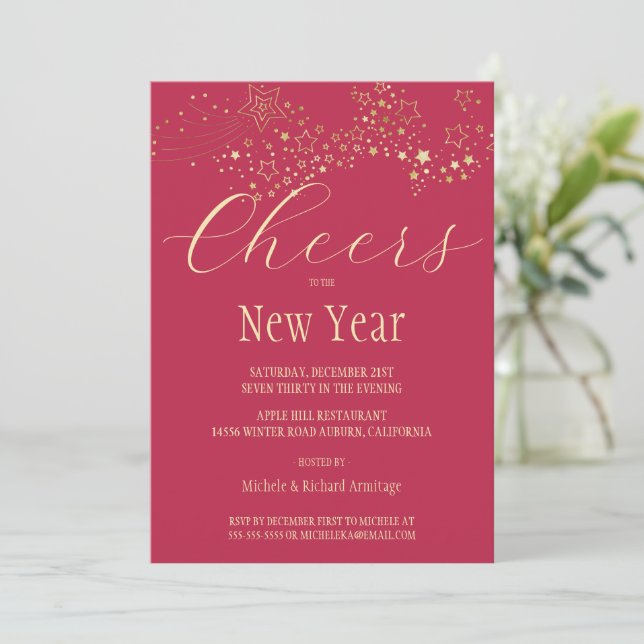 Shooting Gold Stars New Years Invitation (Standing Front)
