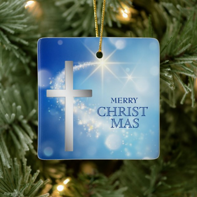 Shooting Star Christian Silver Cross Christmas Ceramic Ornament (Tree)