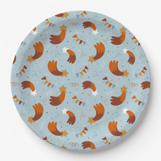 Shooting Star & Confetti Celebration Light Blue Paper Plates (Front)