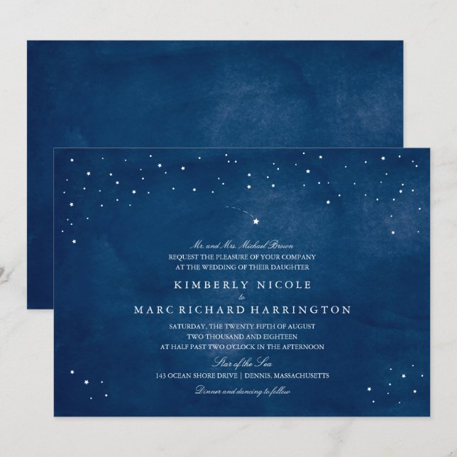 Shooting Star Navy Blue Watercolor Wedding Invitation (Front/Back)