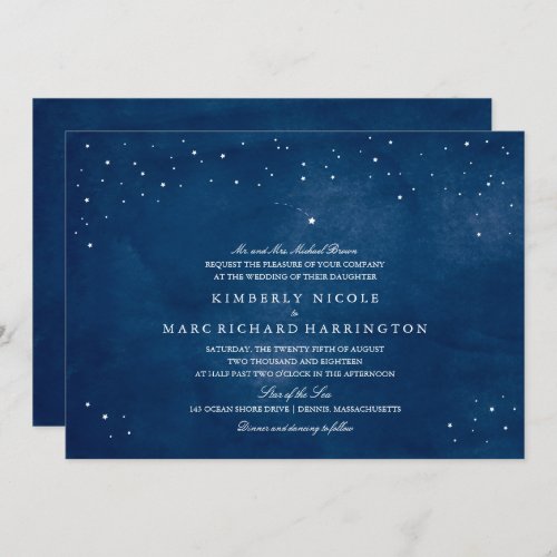 Shooting Star Navy Blue Watercolor Wedding Invitation