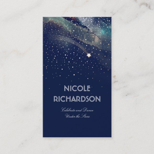 Shooting Star Starry Night Gold and Navy Modern Business Card (Front)