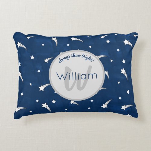 Shooting Stars Navy Blue Watercolor Monogram Accent Pillow