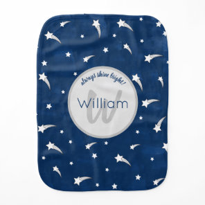 Shooting Stars Navy Blue Watercolor Monogram Baby Burp Cloth