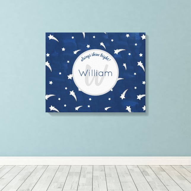 Shooting Stars Navy Blue Watercolor Monogram Canvas Print (Insitu(Wood Floor))