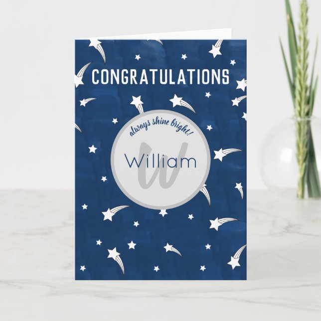 Shooting Stars Navy Blue Watercolor Monogram Card (Front)