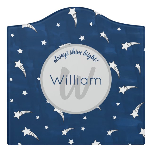 Shooting Stars Navy Blue Watercolor Monogram Door Sign (Large Crest Front)