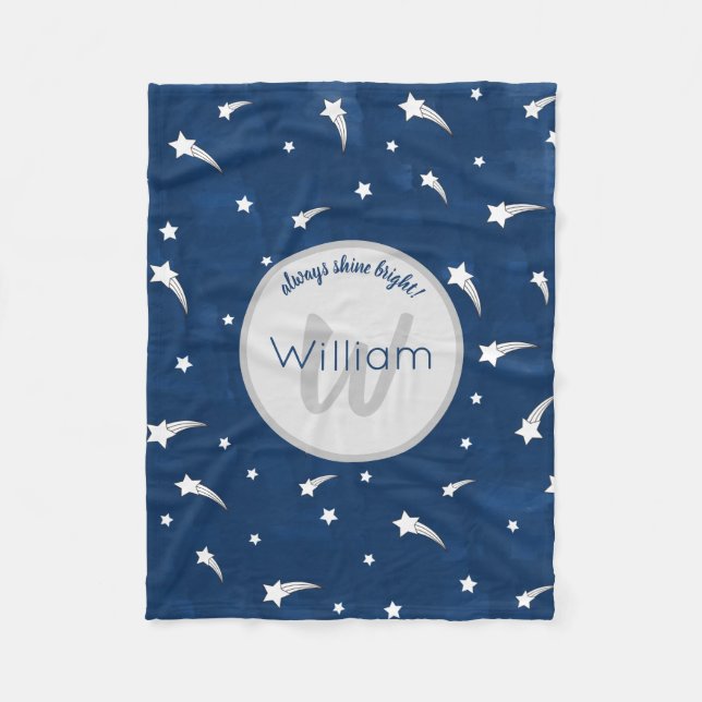 Shooting Stars Navy Blue Watercolor Monogram Fleece Blanket (Front)