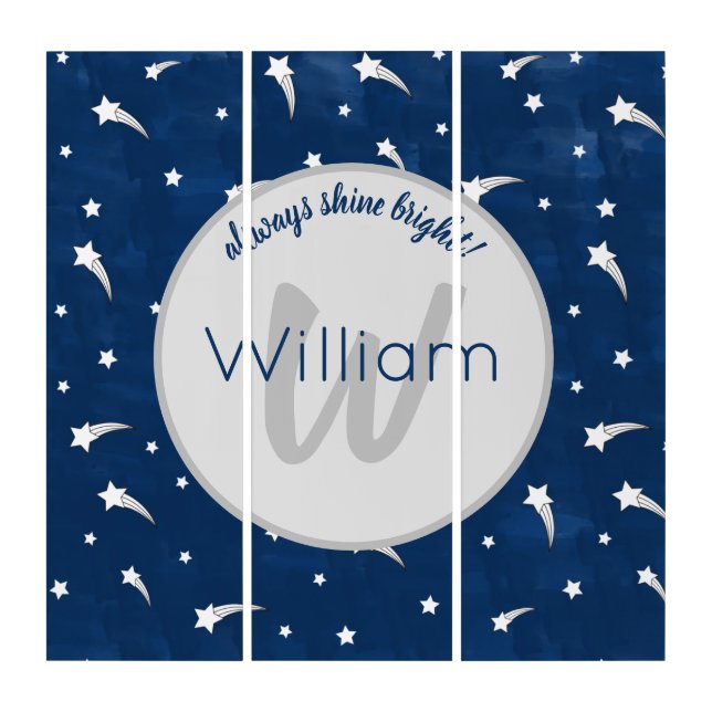 Shooting Stars Navy Blue Watercolor Monogram Triptych (Front)