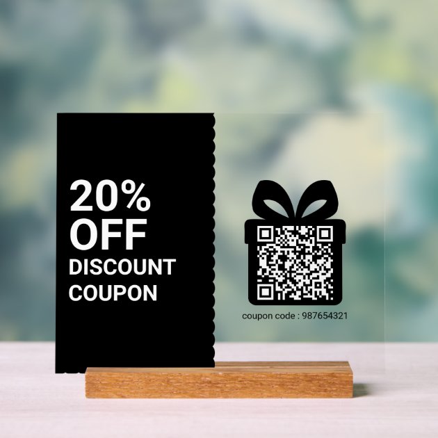 Shop Discount Coupon QR Code black Marketing Acrylic Sign