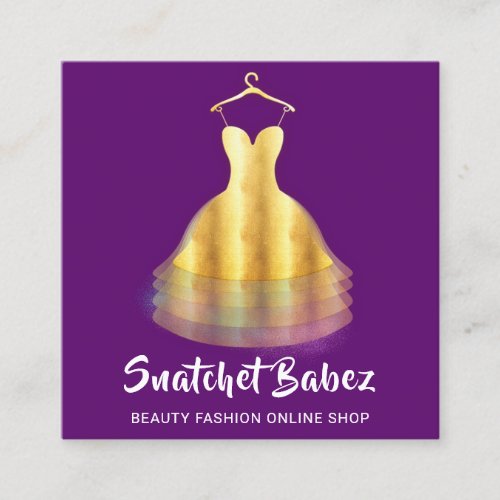 Shop Fashion Gold Purple Dress QR Code Logo Square Business Card