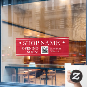 SHOP NAME, Opening Soon, QR Code, Red & White Window Cling
