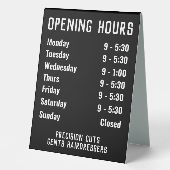 Shop Opening Hours Table Tent (Front)